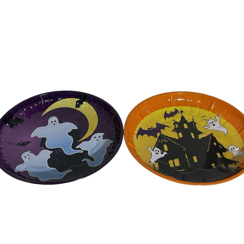 Set of 2 Vintage Halloween Serving Tin Metal Tray Ghosts & Haunted House